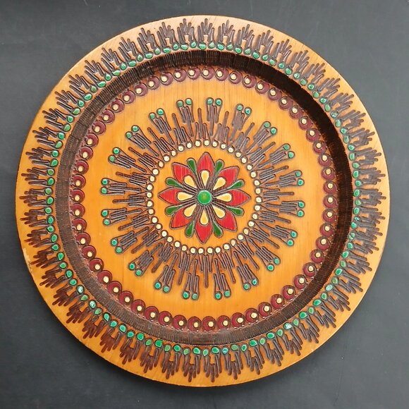 VTG Handcrafted Set of 3 Wooden Trays Decorative Plates Folk Art Mandala Design - Picture 14 of 14